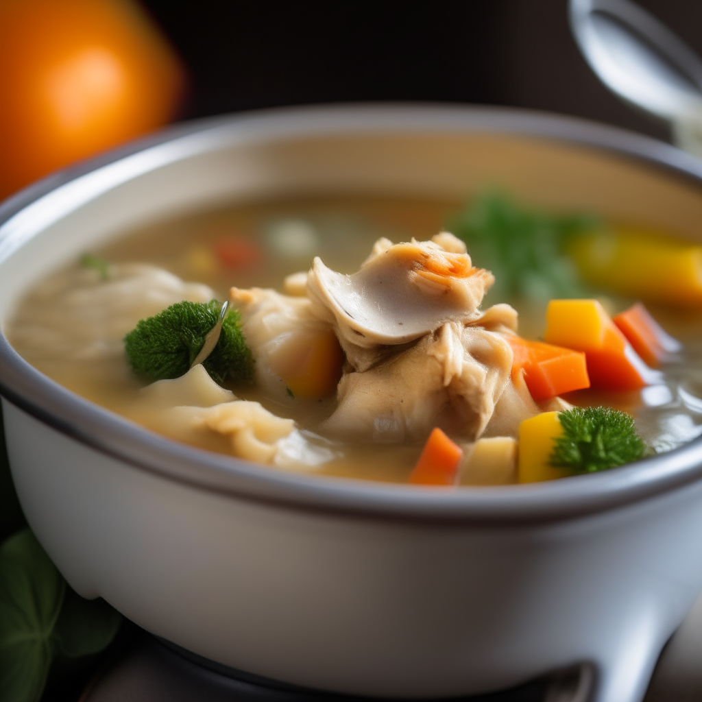 Photo of chicken veggie stew in a crock pot, cooked low and slow, tender chicken and vegetables in a savory broth, bright natural lighting, shallow depth of field, razor sharp focus