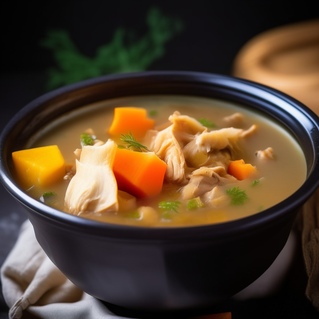 Photo of chicken veggie stew in a crock pot, cooked low and slow, tender chicken and vegetables in a savory broth, soft studio lighting from the left, razor sharp focus