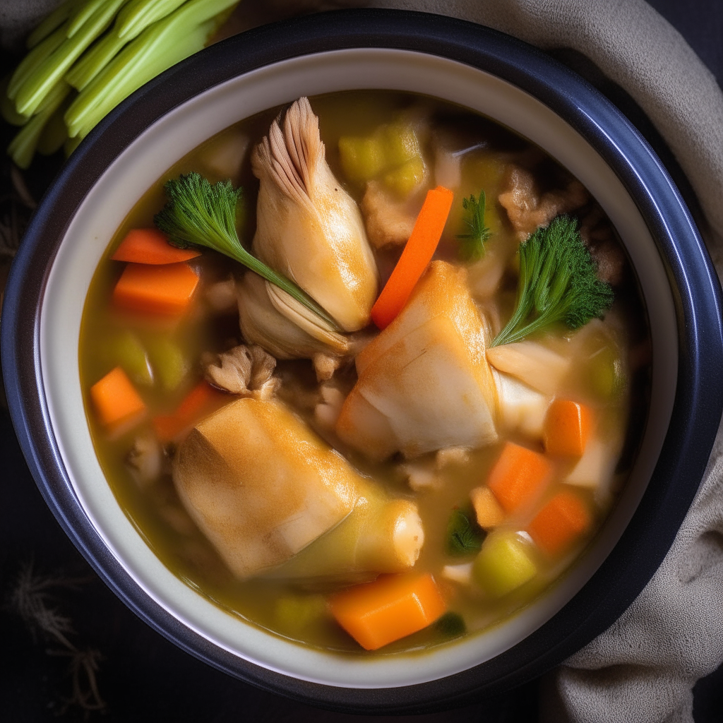 Photo of chicken veggie stew in a crock pot, cooked low and slow, tender chicken and vegetables in a savory broth, overhead lighting, razor sharp focus