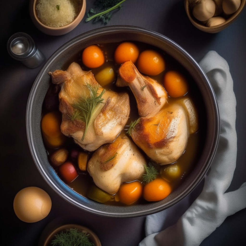 Overhead photo of chicken thighs and root vegetables cooked in a crock pot, rosemary seasoning, tender meat and veggies in broth, bright studio lighting, extremely sharp focus