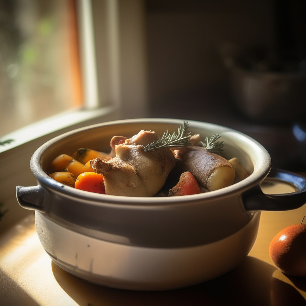 Photo of chicken and root veggies cooked in a crock pot, rosemary seasoning, served in a bowl, soft natural window lighting from the side, extremely sharp focus