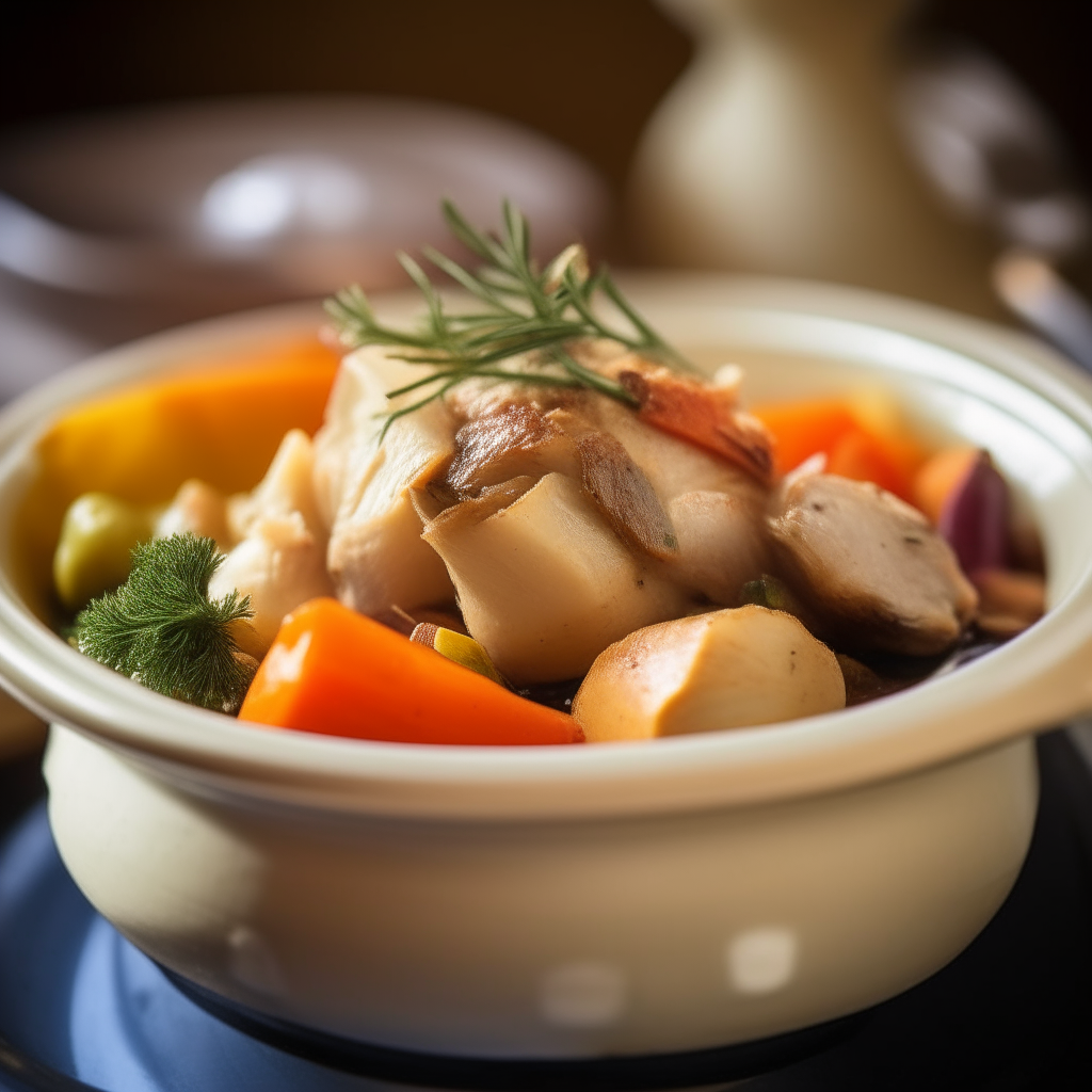 Photo of chicken and root vegetables cooked in a crock pot, rosemary seasoning, shallow depth of field, partially blurred background, extremely sharp focus on food