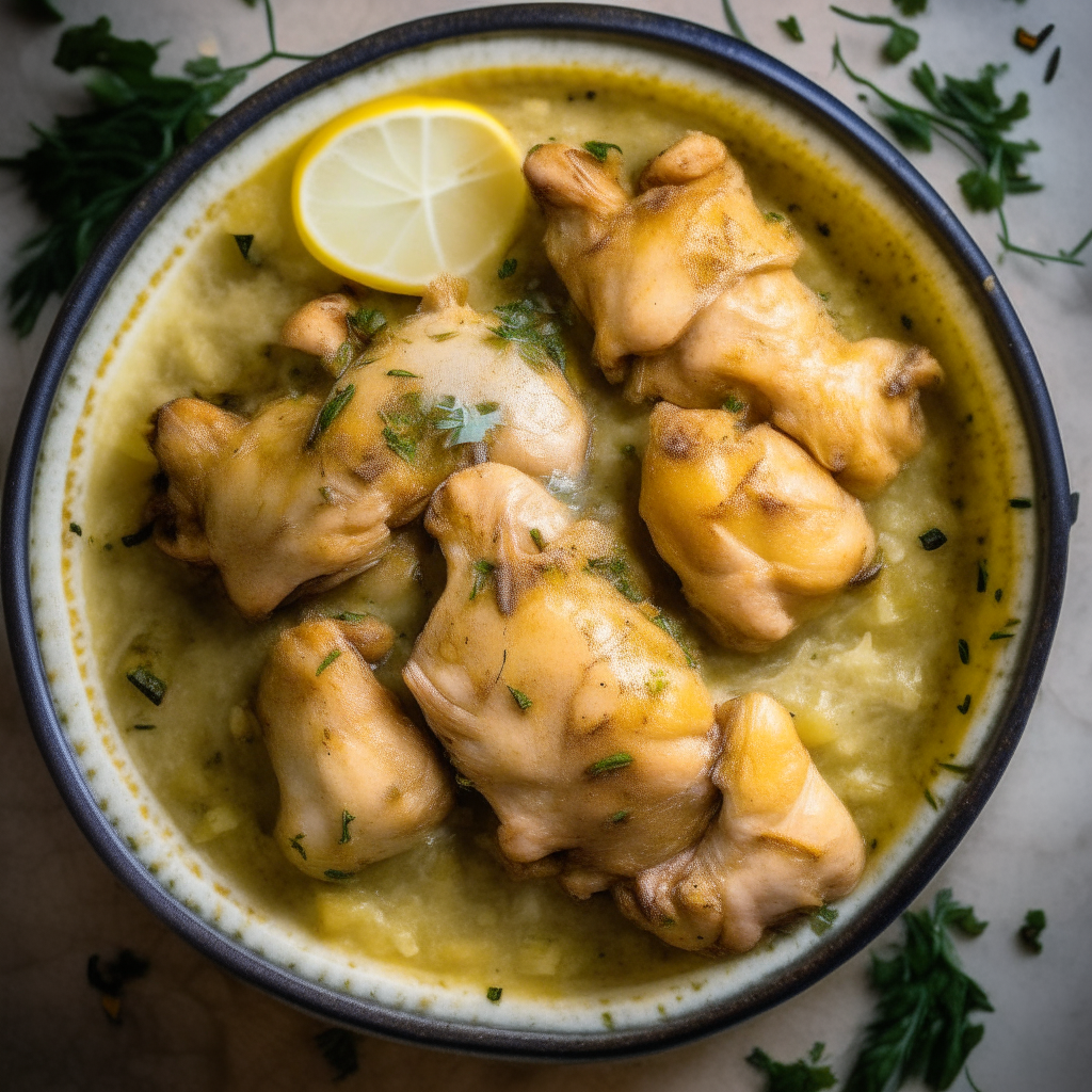 Overhead photo of tarragon lemon chicken thighs cooked in a crock pot, tender shredded chicken in lemony sauce, extremely sharp focus, bright studio lighting