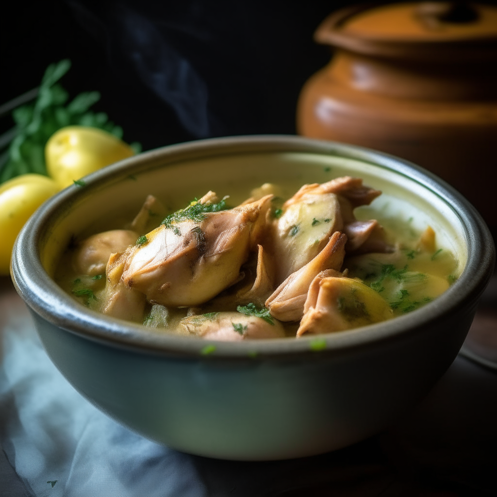 Photo of tarragon lemon chicken cooked in a crock pot, served in a bowl, soft natural window lighting from the left, extremely sharp focus