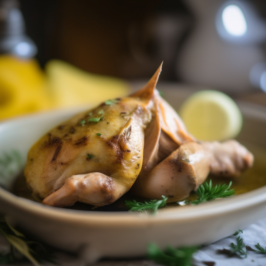 Photo of tarragon lemon chicken cooked in a crock pot, shallow depth of field, blurred background, extremely sharp focus on chicken in foreground