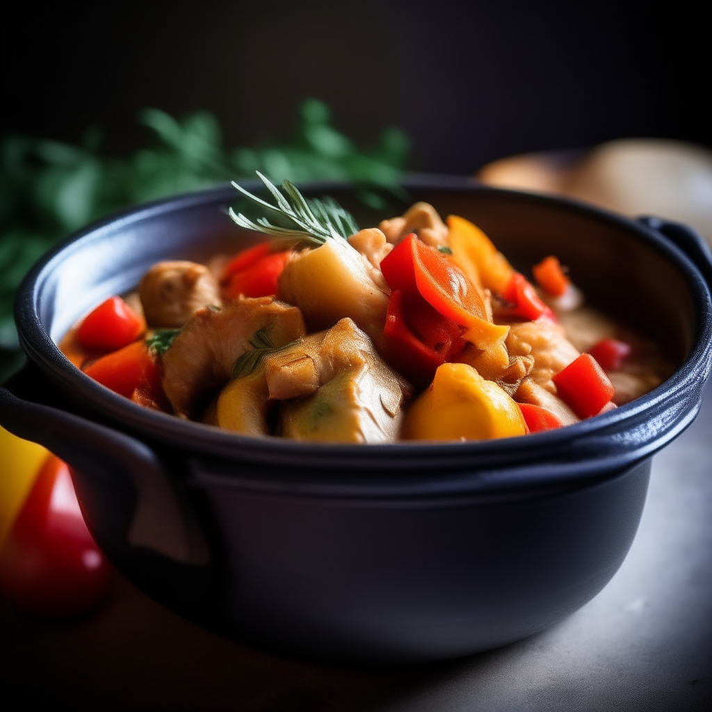 Photo of chicken ratatouille cooked in a crock pot, tender chicken and veggies, extremely sharp focus, bright studio lighting from the left