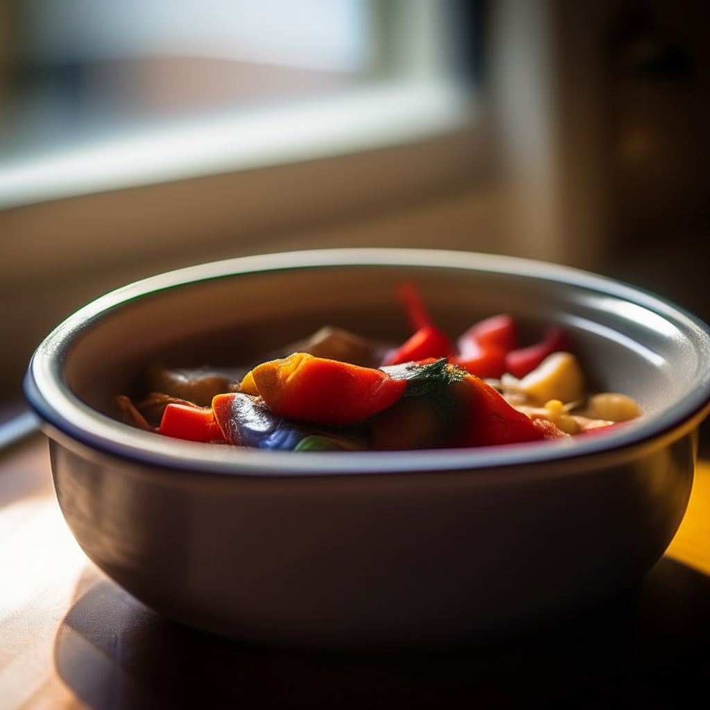 Photo of chicken ratatouille cooked in a crock pot, served in a shallow bowl, soft natural window lighting, extremely sharp focus