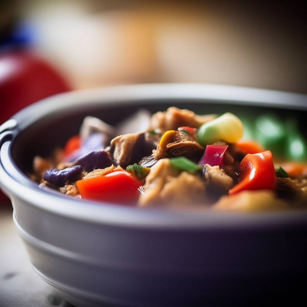 Photo of chicken ratatouille cooked in a crock pot, shallow depth of field, blurred background, extremely sharp focus on food in foreground