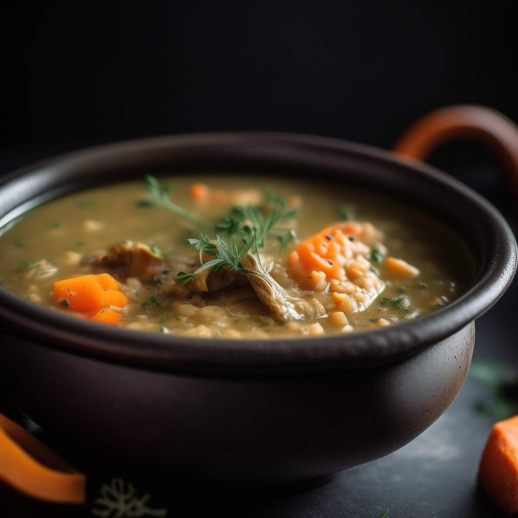 Photo of herbed chicken lentil soup in a crock pot, extremely sharp focus, bright studio lighting from the left