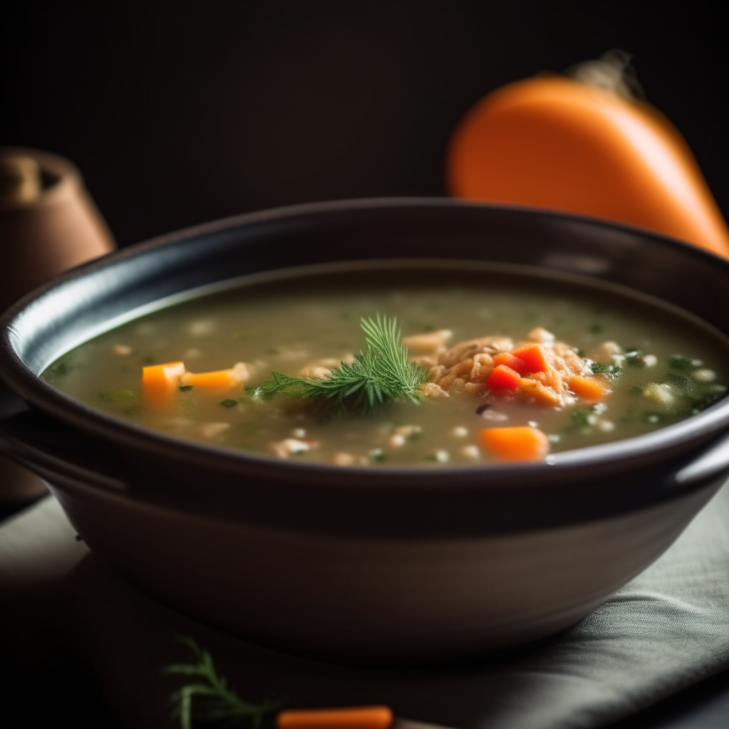 Photo of herbed chicken lentil soup cooked in a crock pot, served in a bowl, soft natural window lighting, extremely sharp focus