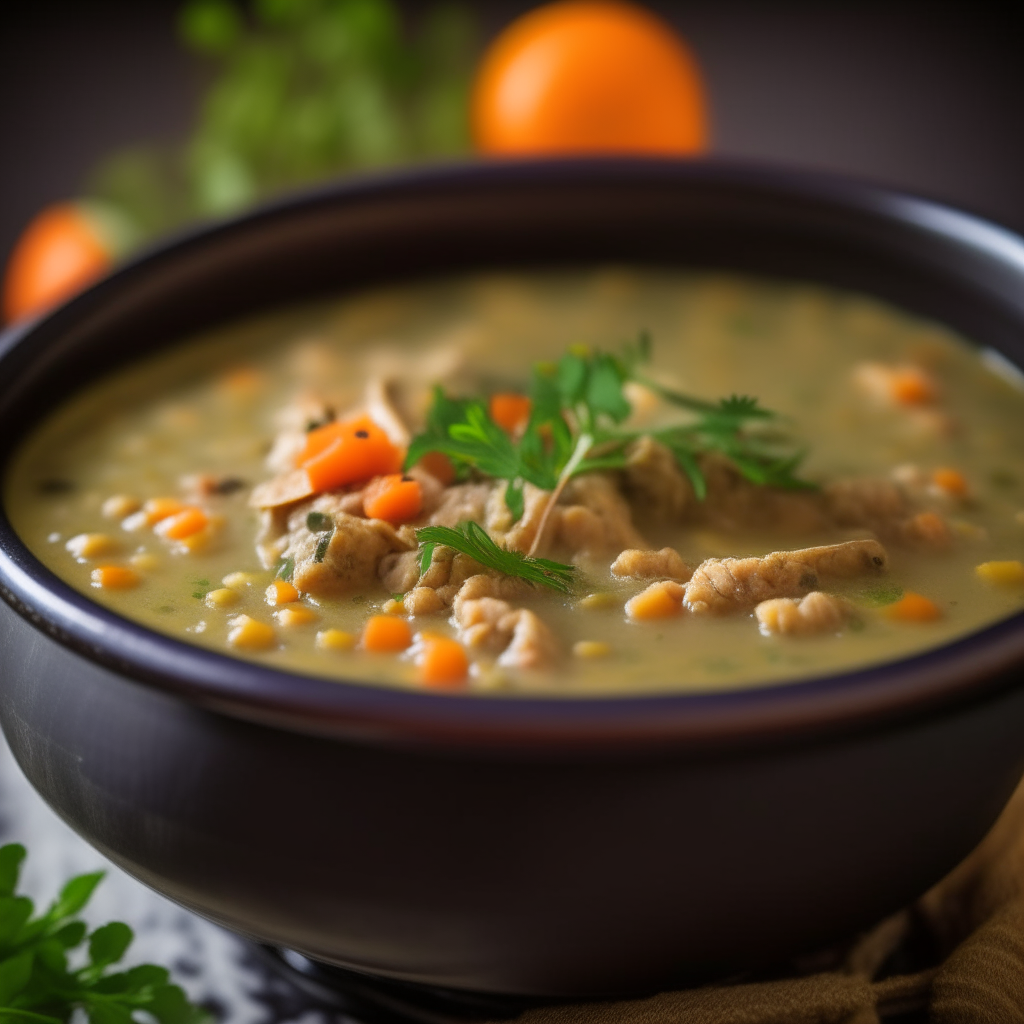 Photo of herbed chicken lentil soup in a crock pot, shallow depth of field, blurred background, extremely sharp focus on soup