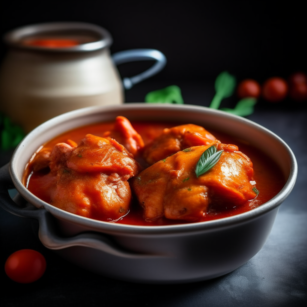 Photo of tomato basil chicken thighs cooked in a crock pot, extremely sharp focus, bright studio lighting