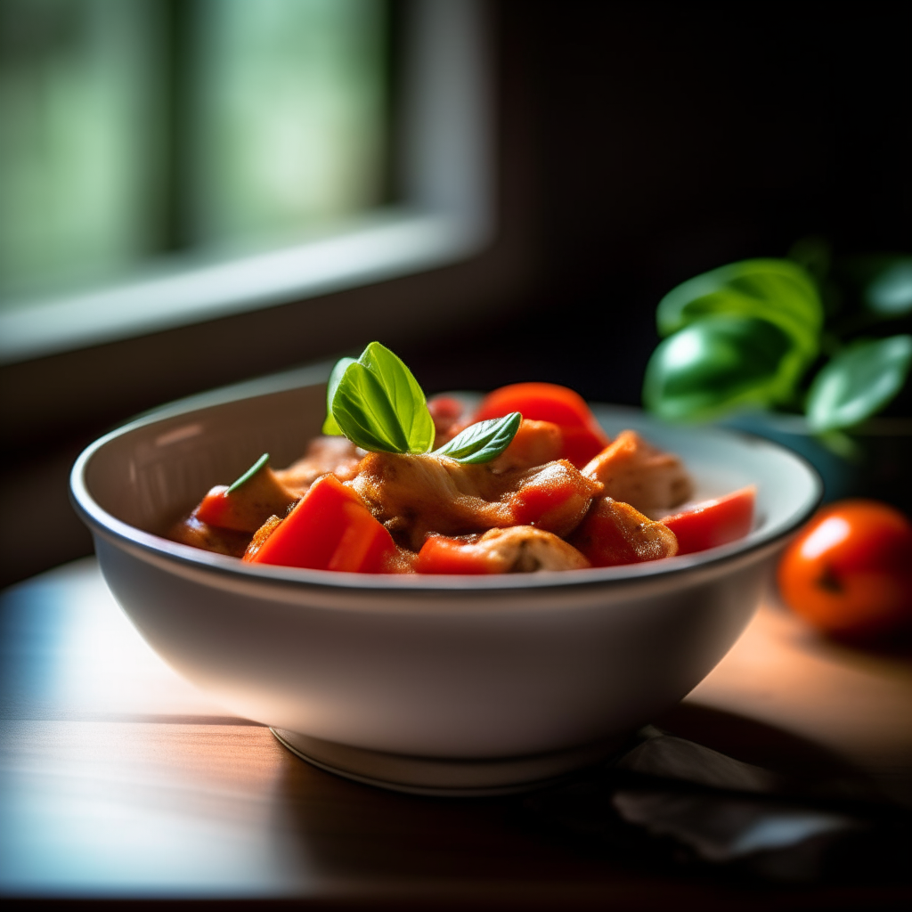 Photo of tomato basil chicken served in a bowl, soft natural window lighting, extremely sharp focus