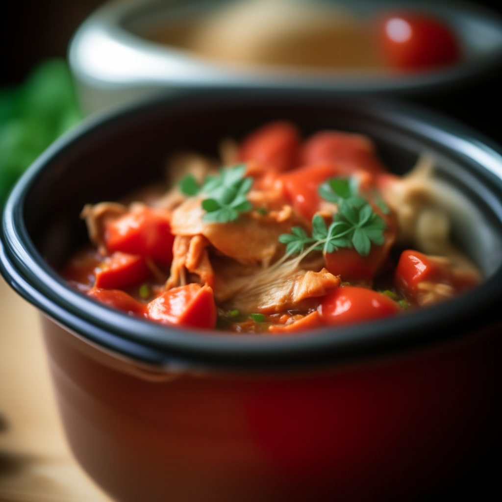 Photo of tomato basil chicken in a crock pot, shallow depth of field, blurred background, extremely sharp focus