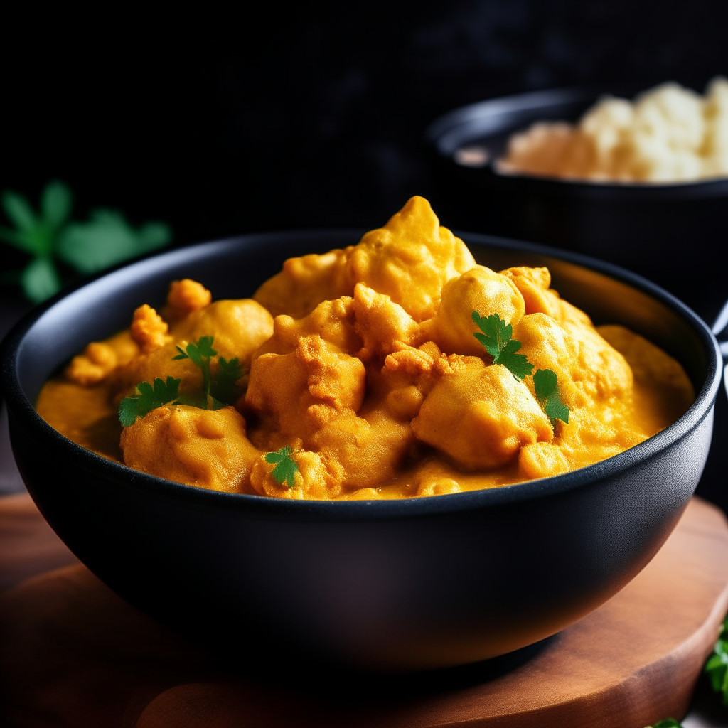 Photo of curried chicken cauliflower in a crock pot, extremely sharp focus, bright studio lighting