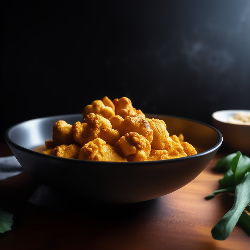 Photo of curried chicken cauliflower served in a bowl, soft window lighting, extremely sharp focus