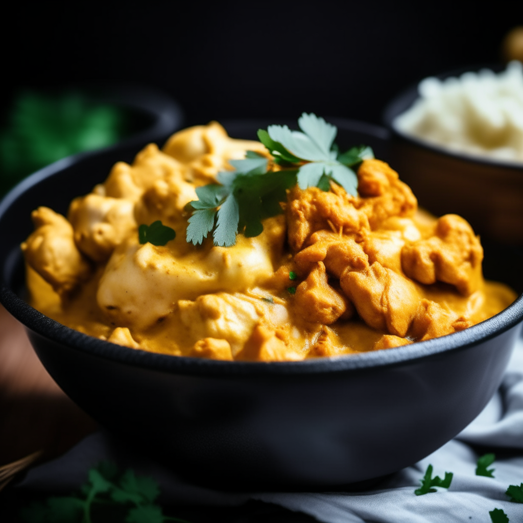 Photo of curried chicken cauliflower in a crock pot, blurred background, extremely sharp focus on food