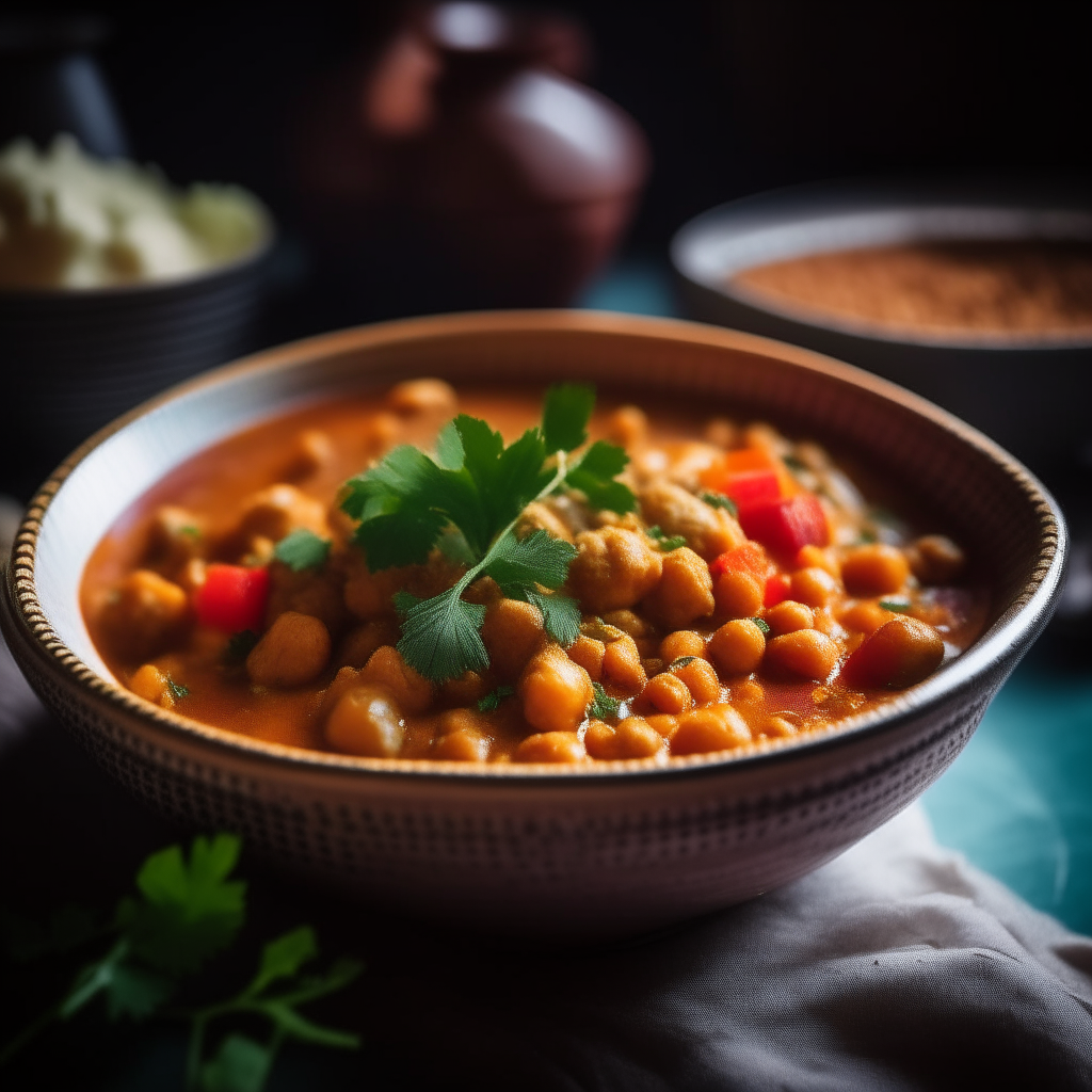 Photo of Moroccan turkey chickpea stew served in a bowl, soft window lighting, extremely sharp focus