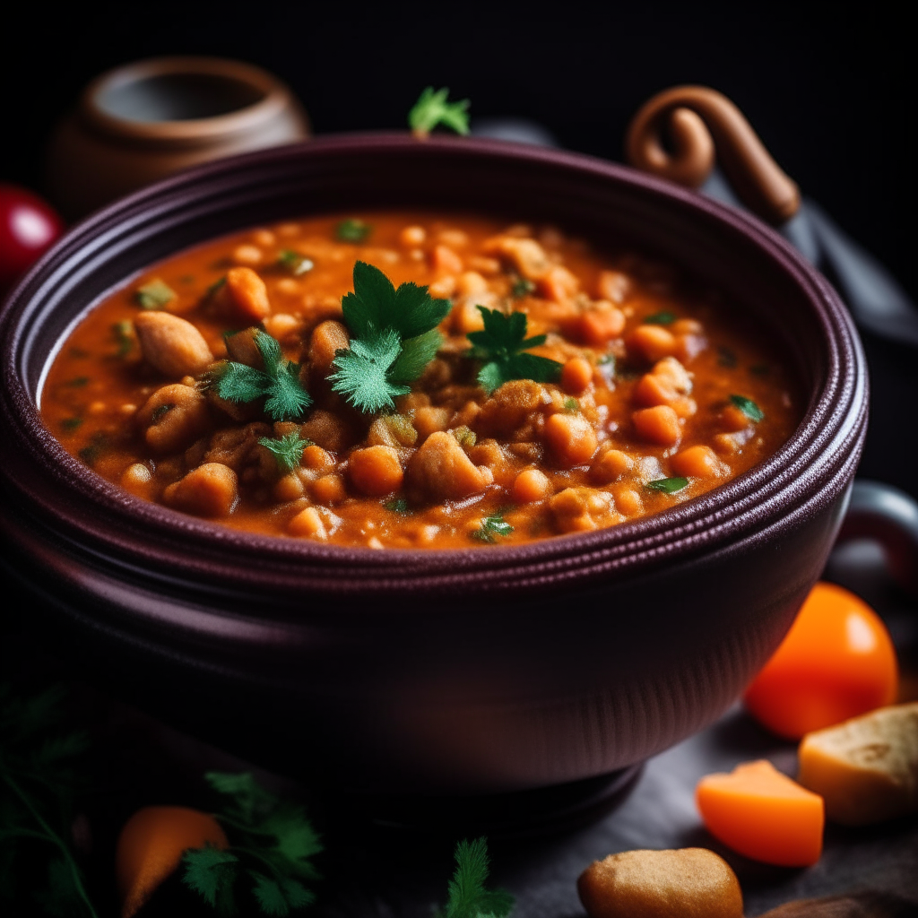 Photo of Moroccan turkey chickpea stew in a crock pot, extremely sharp focus, bright studio lighting