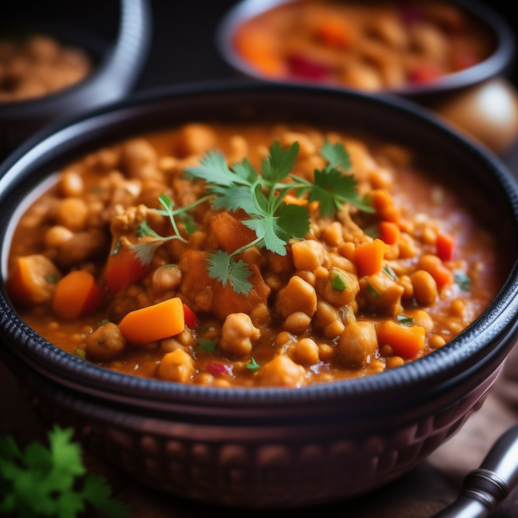 Photo of Moroccan turkey chickpea stew in a crock pot, blurred background, extremely sharp focus