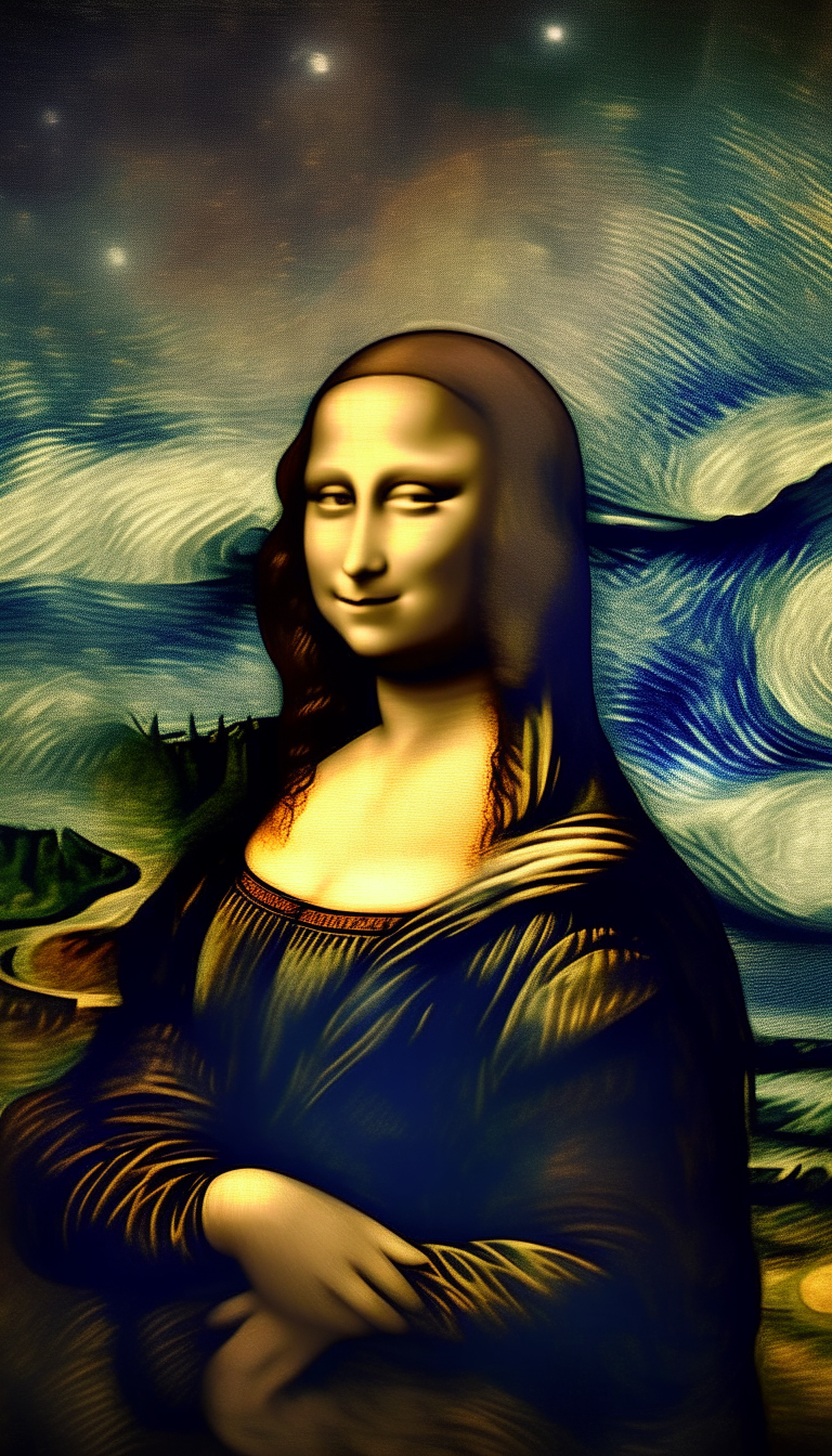 Mona Lisa, Starry Night, and The Persistence of Memory combine three picture, keep detail, follow the original, real paint, high resolution, best quality, ar:9:16