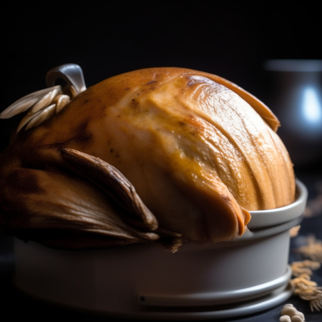 Photo of maple dijon turkey in a crock pot, extremely sharp focus, bright studio lighting