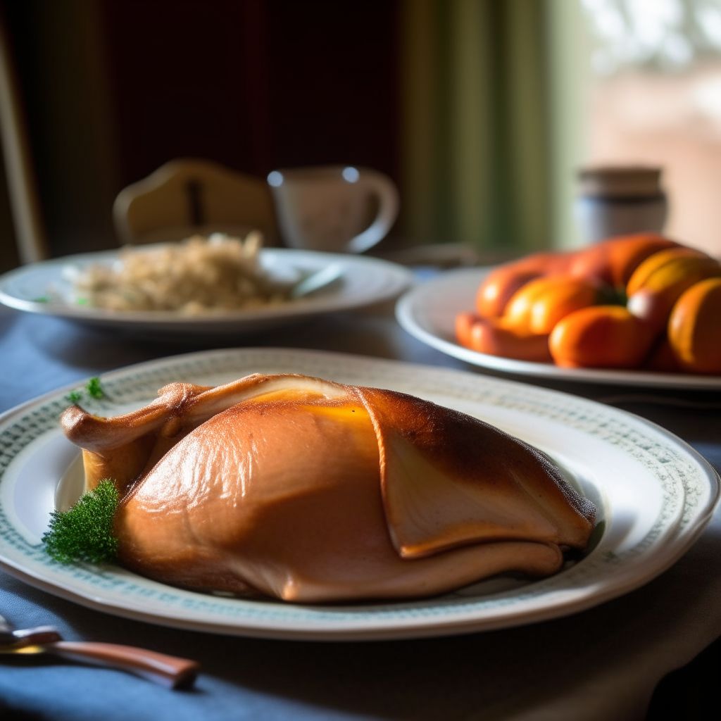 Photo of maple dijon turkey served on a plate, soft window lighting, extremely sharp focus