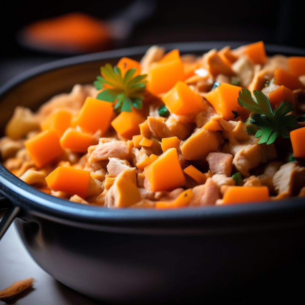 Photo of turkey sweet potato hash in a crock pot, extremely sharp focus, bright studio lighting