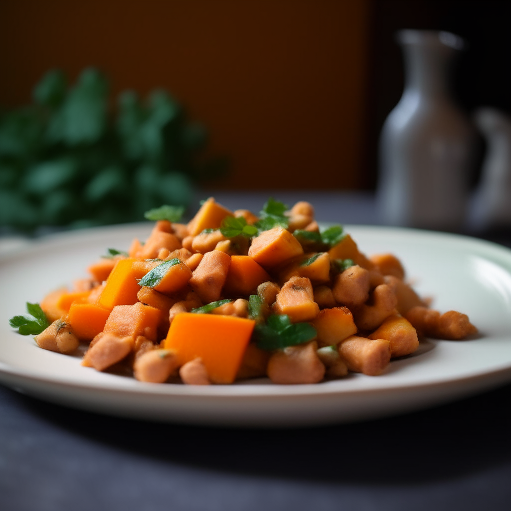 Photo of turkey sweet potato hash served on a plate, soft window lighting, extremely sharp focus