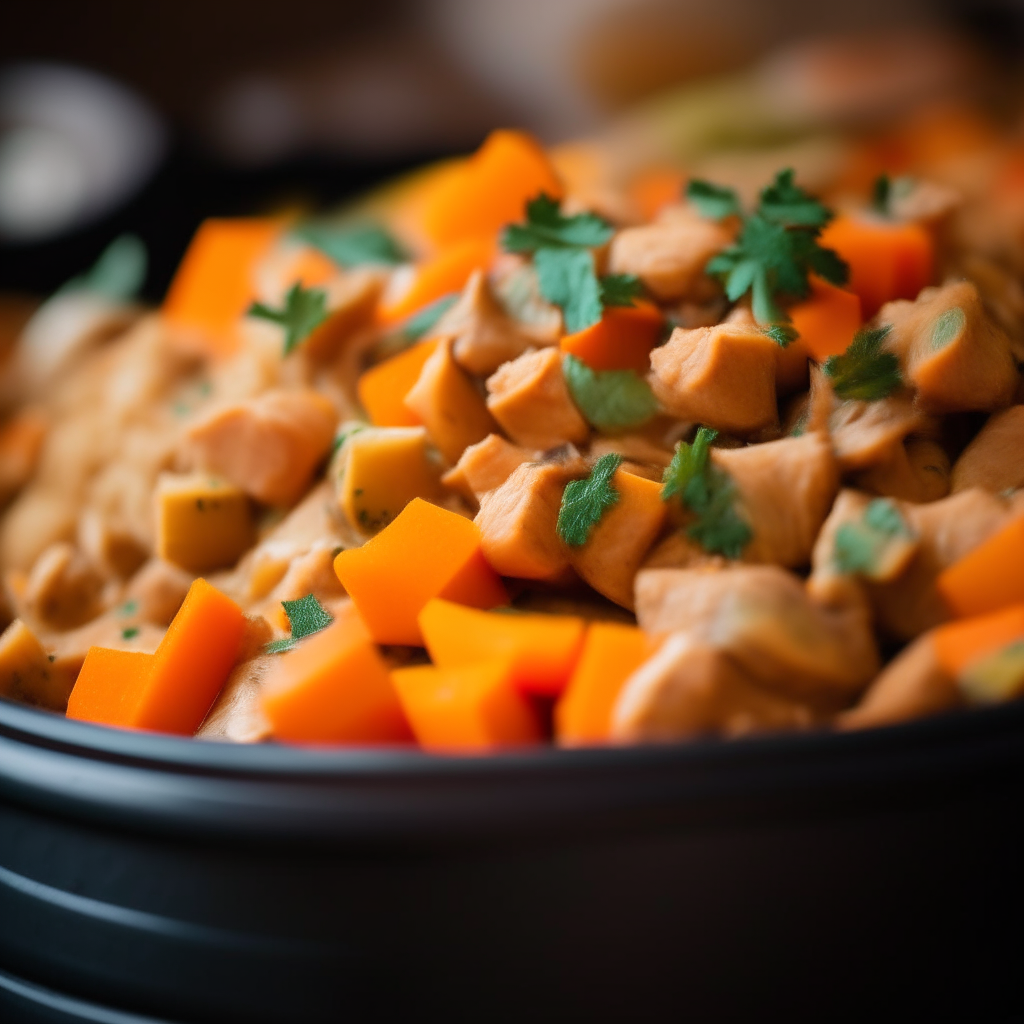 Photo of turkey sweet potato hash in a crock pot, blurred background, extremely sharp focus