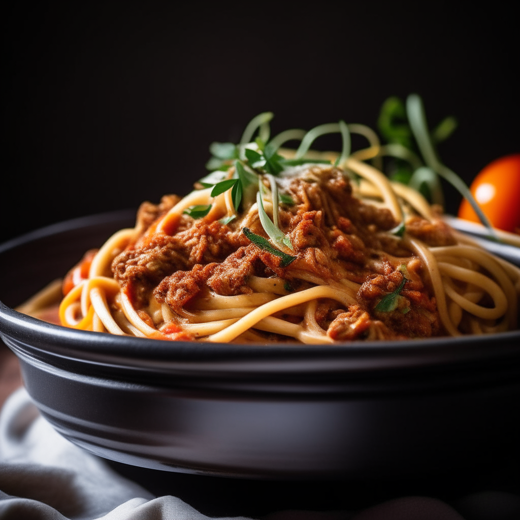 Photo of turkey bolognese zucchini noodles in a crock pot, extremely sharp focus, bright studio lighting