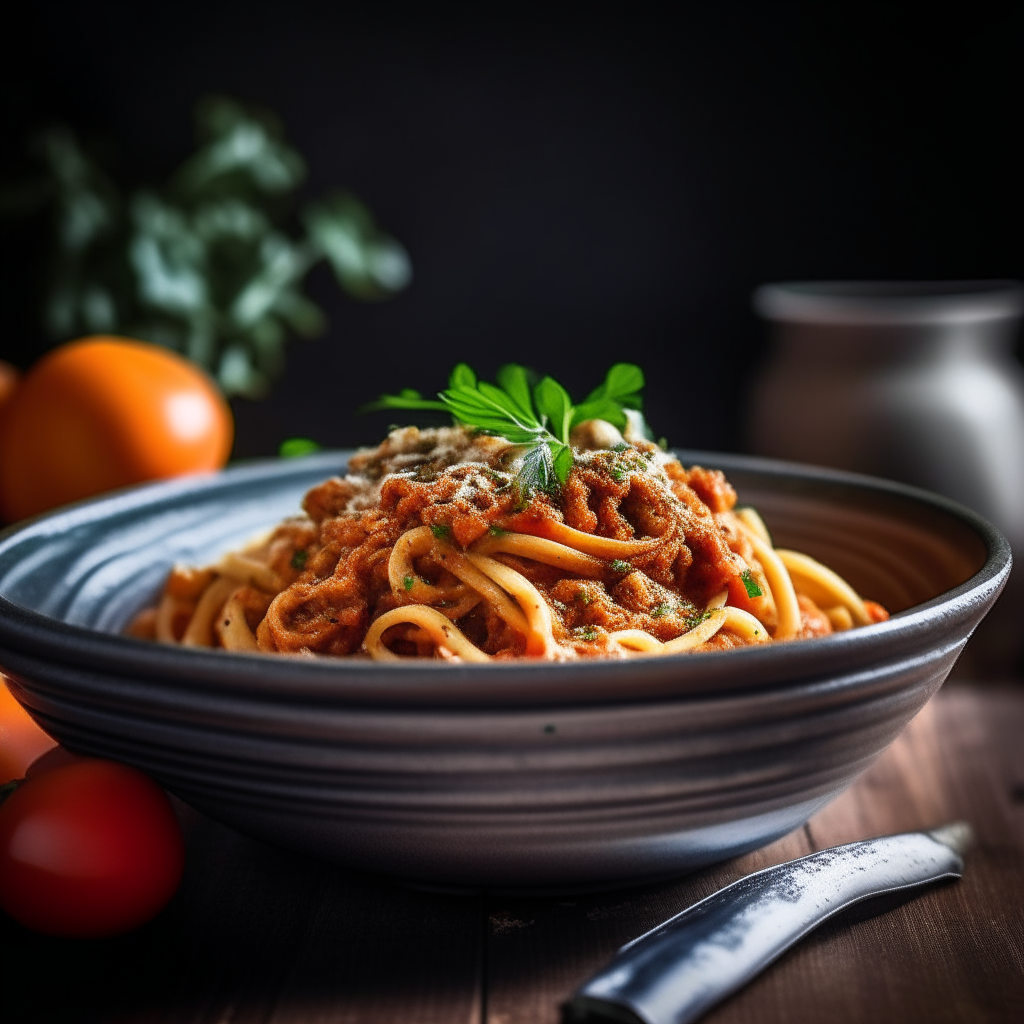 Photo of turkey bolognese zucchini noodles served in a bowl, soft window lighting, extremely sharp focus