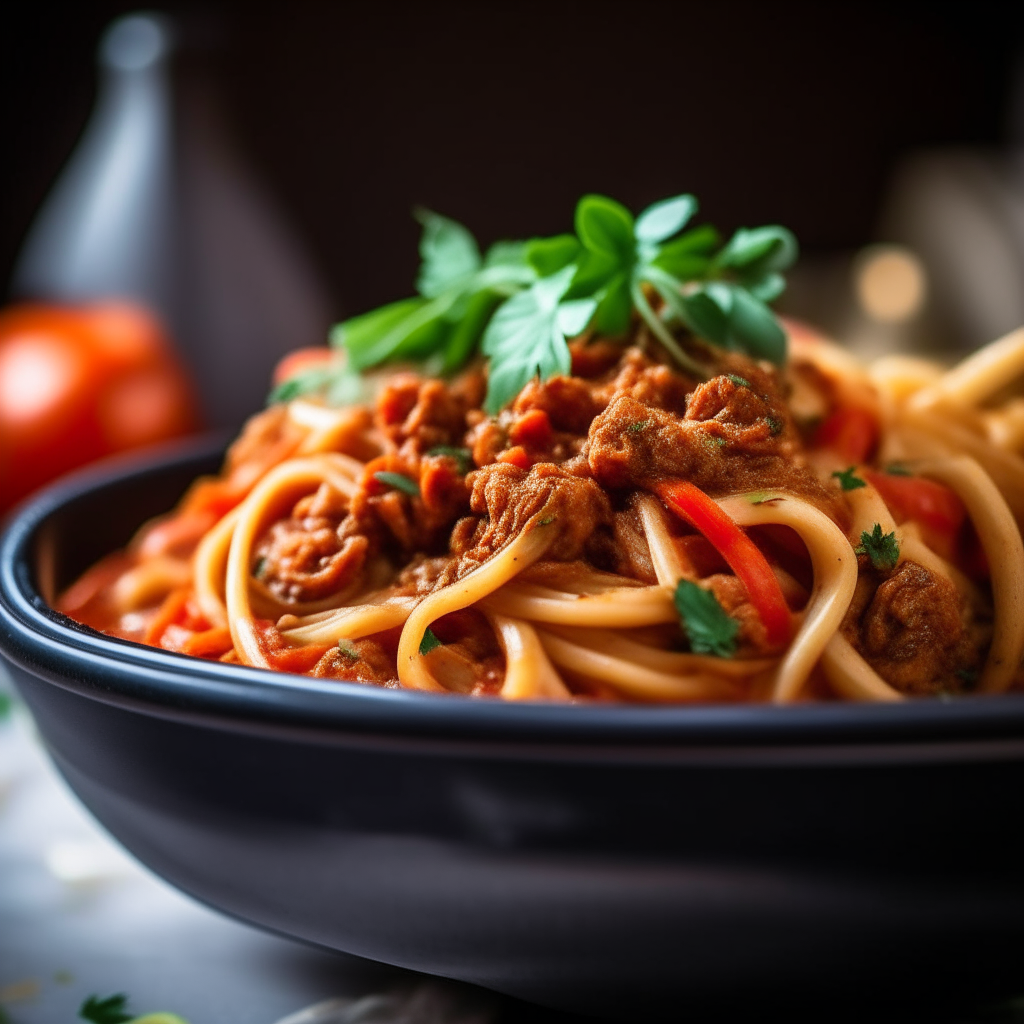 Photo of turkey bolognese zucchini noodles in a crock pot, blurred background, extremely sharp focus