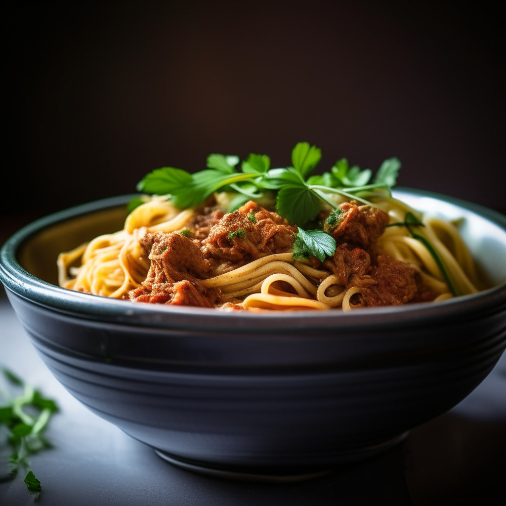 Photo of turkey bolognese green zucchini noodles in a crock pot, extremely sharp focus, bright studio lighting