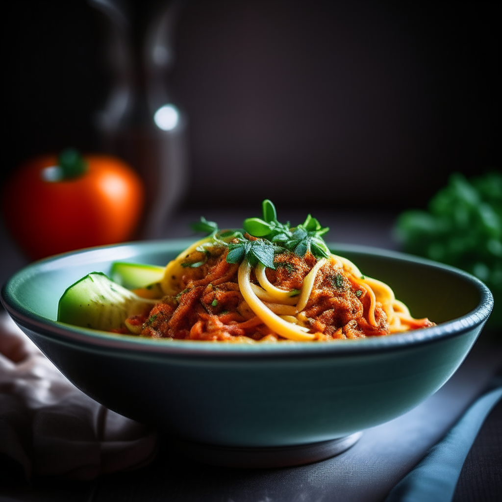 Photo of turkey bolognese green zucchini noodles served in a bowl, soft window lighting, extremely sharp focus