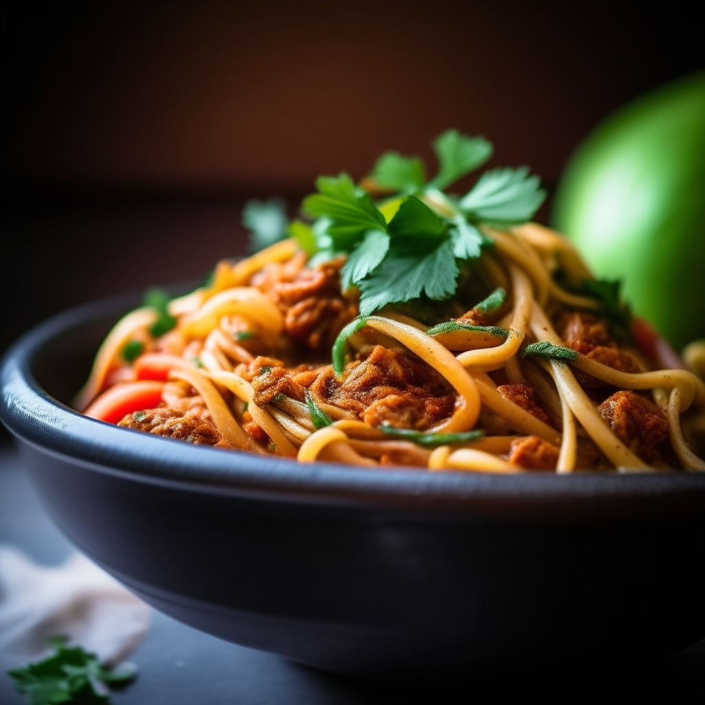 Photo of turkey bolognese green zucchini noodles in a crock pot, blurred background, extremely sharp focus