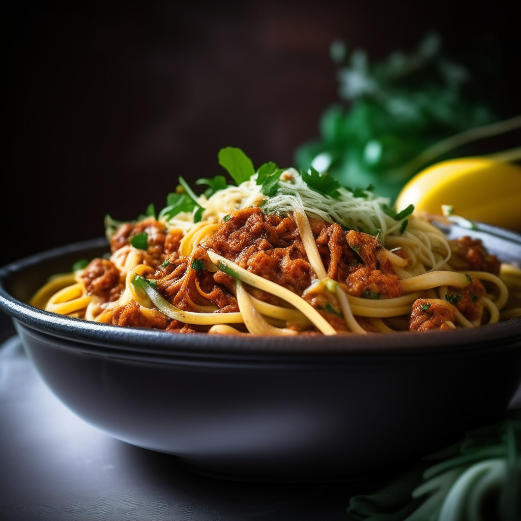 Photo of turkey bolognese with green zucchini noodles in a crock pot, extremely sharp focus, bright studio lighting