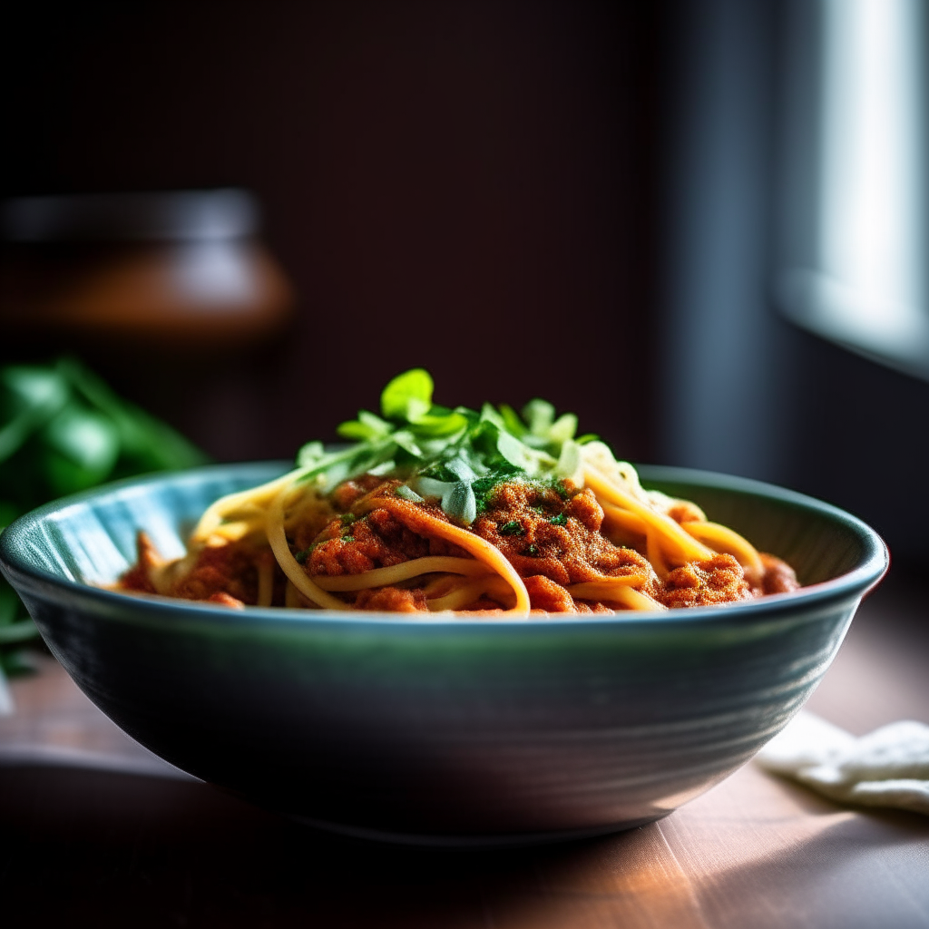 Photo of turkey bolognese with green zucchini noodles served in a bowl, soft window lighting, extremely sharp focus