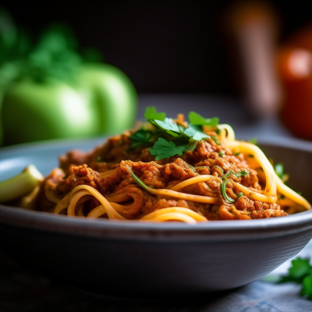 Photo of turkey bolognese with green zucchini noodles in a crock pot, blurred background, extremely sharp focus