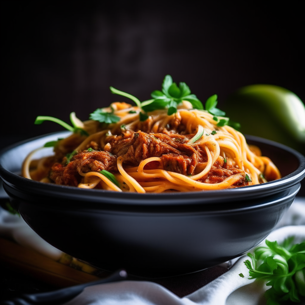 Photo of turkey bolognese with spiralized green zucchini noodles in a crock pot, extremely sharp focus, bright studio lighting