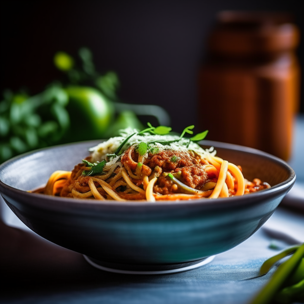 Photo of turkey bolognese with spiralized green zucchini noodles served in a bowl, soft window lighting, extremely sharp focus