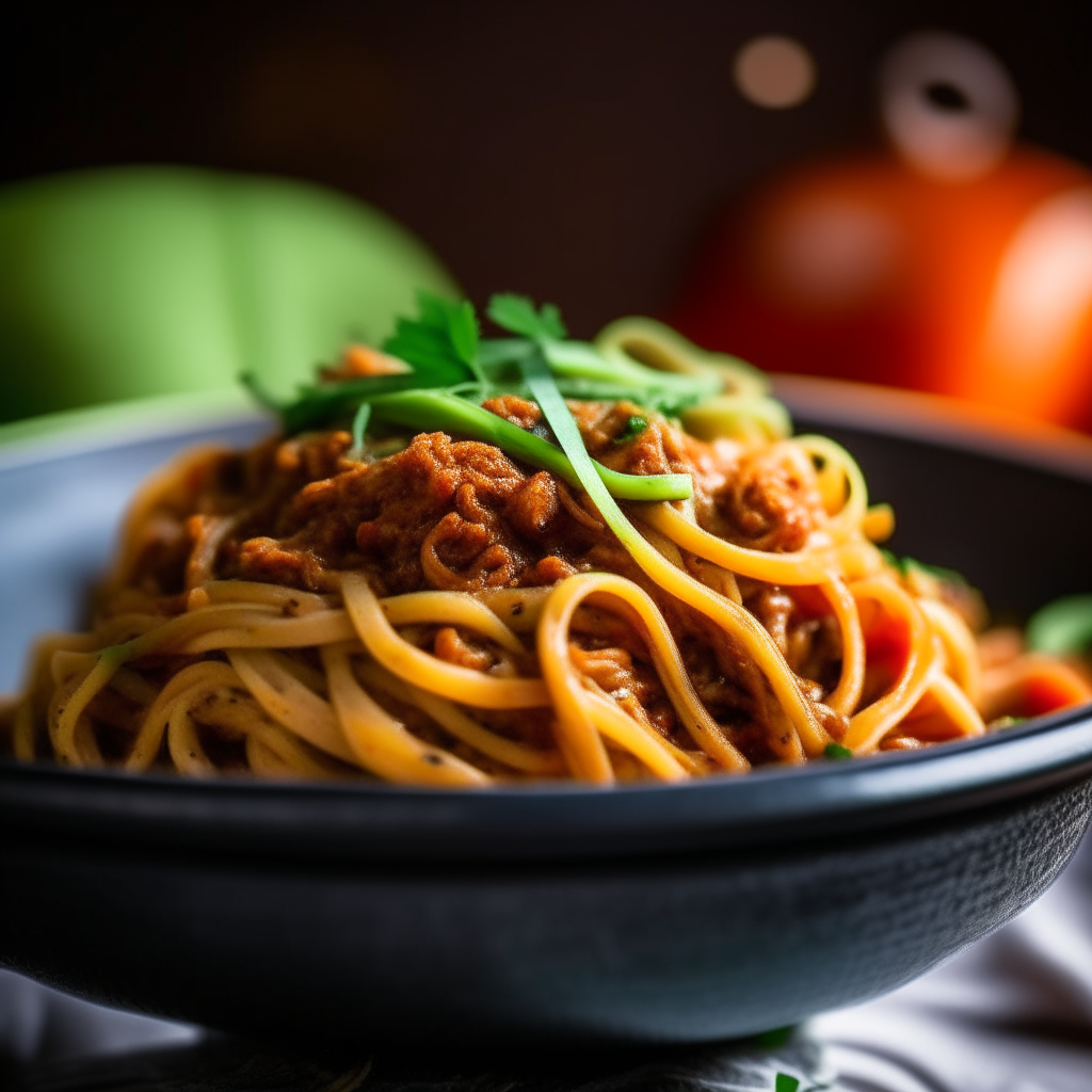 Photo of turkey bolognese with spiralized green zucchini noodles in a crock pot, blurred background, extremely sharp focus