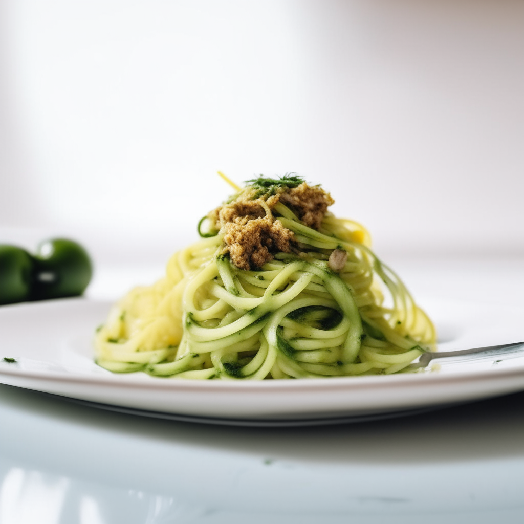 Photo of fresh spiralized green zucchini noodles on a white plate with turkey meat, extremely sharp focus, bright studio lighting