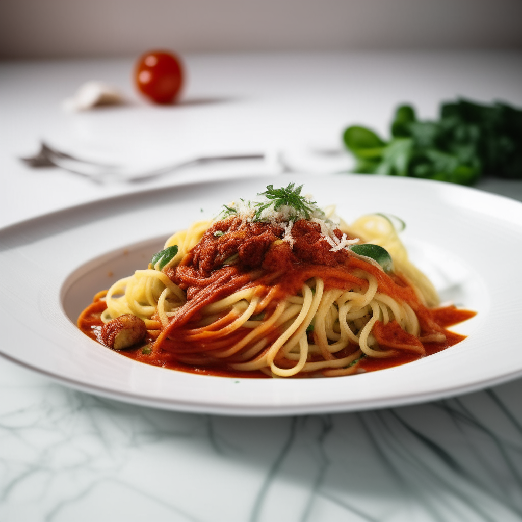 Photo of fresh spiralized green zucchini noodles on a white plate with turkey meat, tomato sauce and crushed tomatoes, extremely sharp focus, bright studio lighting