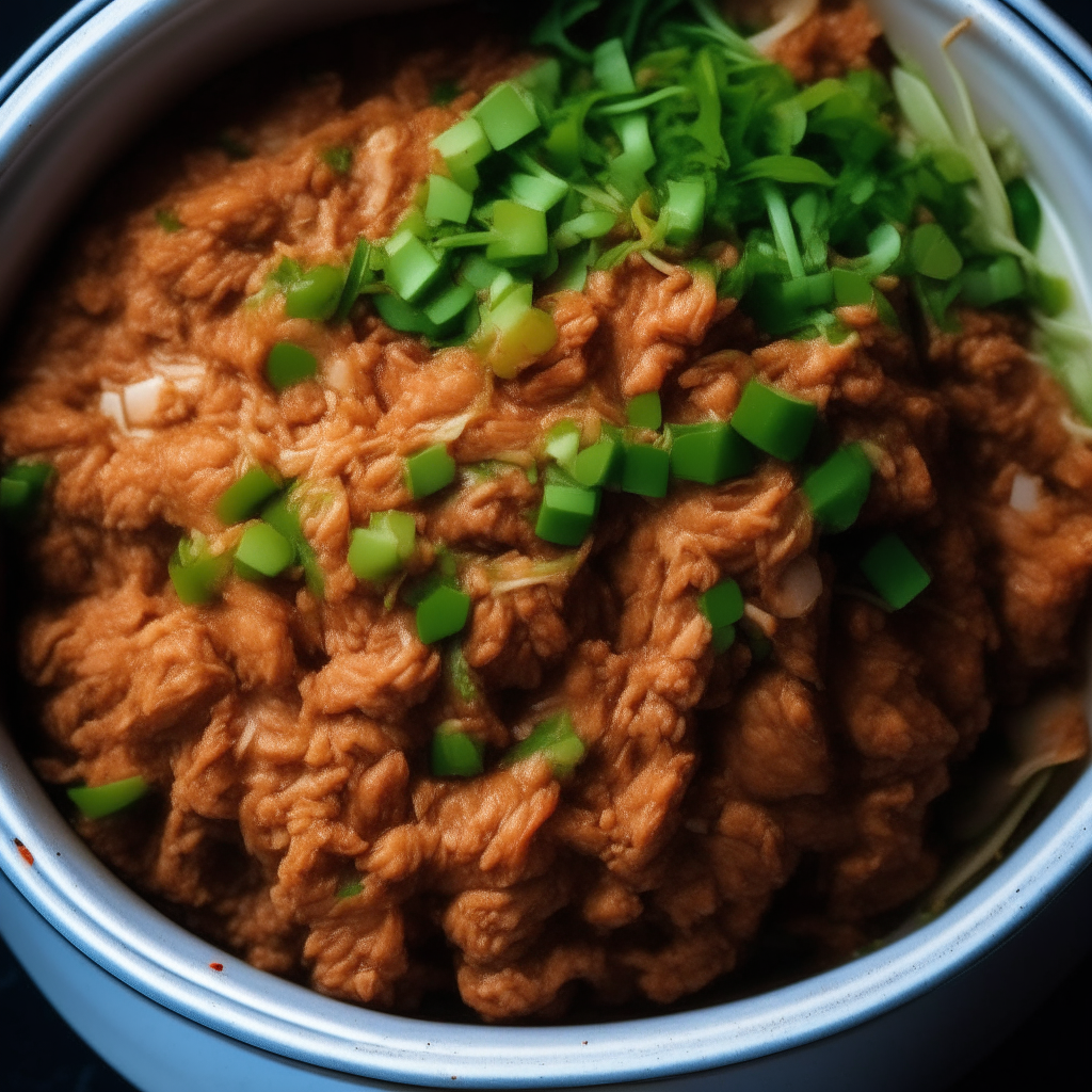 Photo of Asian turkey lettuce wraps in a crock pot, extremely sharp focus, bright studio lighting from above, filling the frame