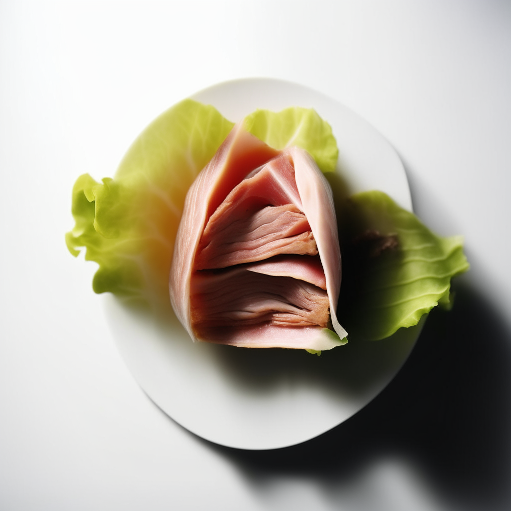 Photo of a lettuce wrap filled with sliced turkey meat on a white plate, extremely sharp focus, bright studio lighting from above, filling the frame