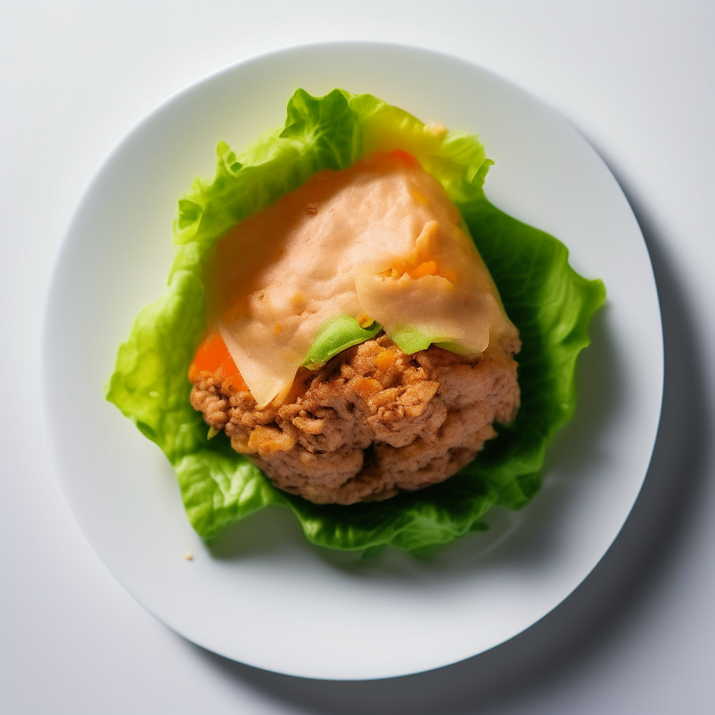 Photo of a lettuce wrap filled with slow cooked ground turkey meat on a white plate, extremely sharp focus, bright studio lighting from above, filling the frame