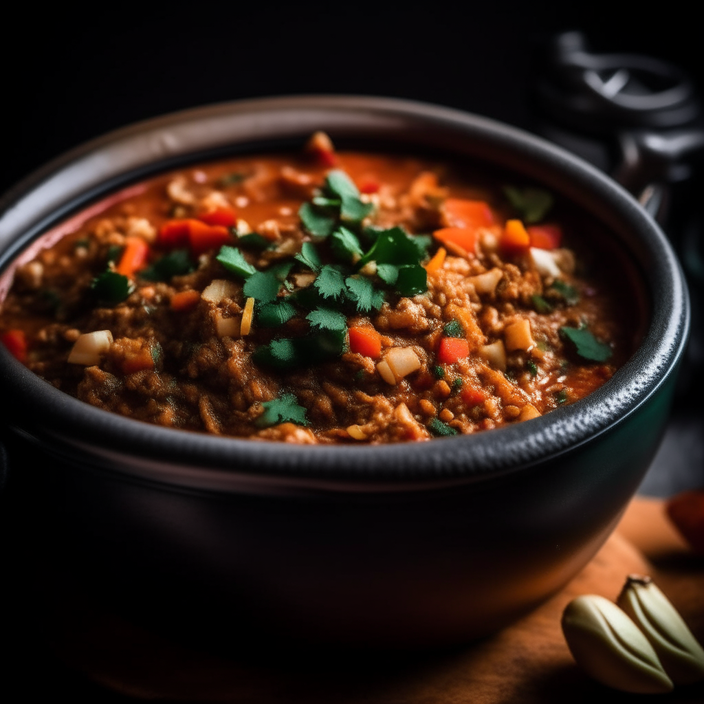 Photo of turkey and kale chili in a crock pot, extremely sharp focus, bright studio lighting from the left, filling the frame