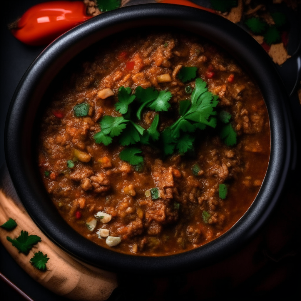 Photo of turkey and kale chili in a crock pot, extremely sharp focus, bright studio lighting from above, filling the frame