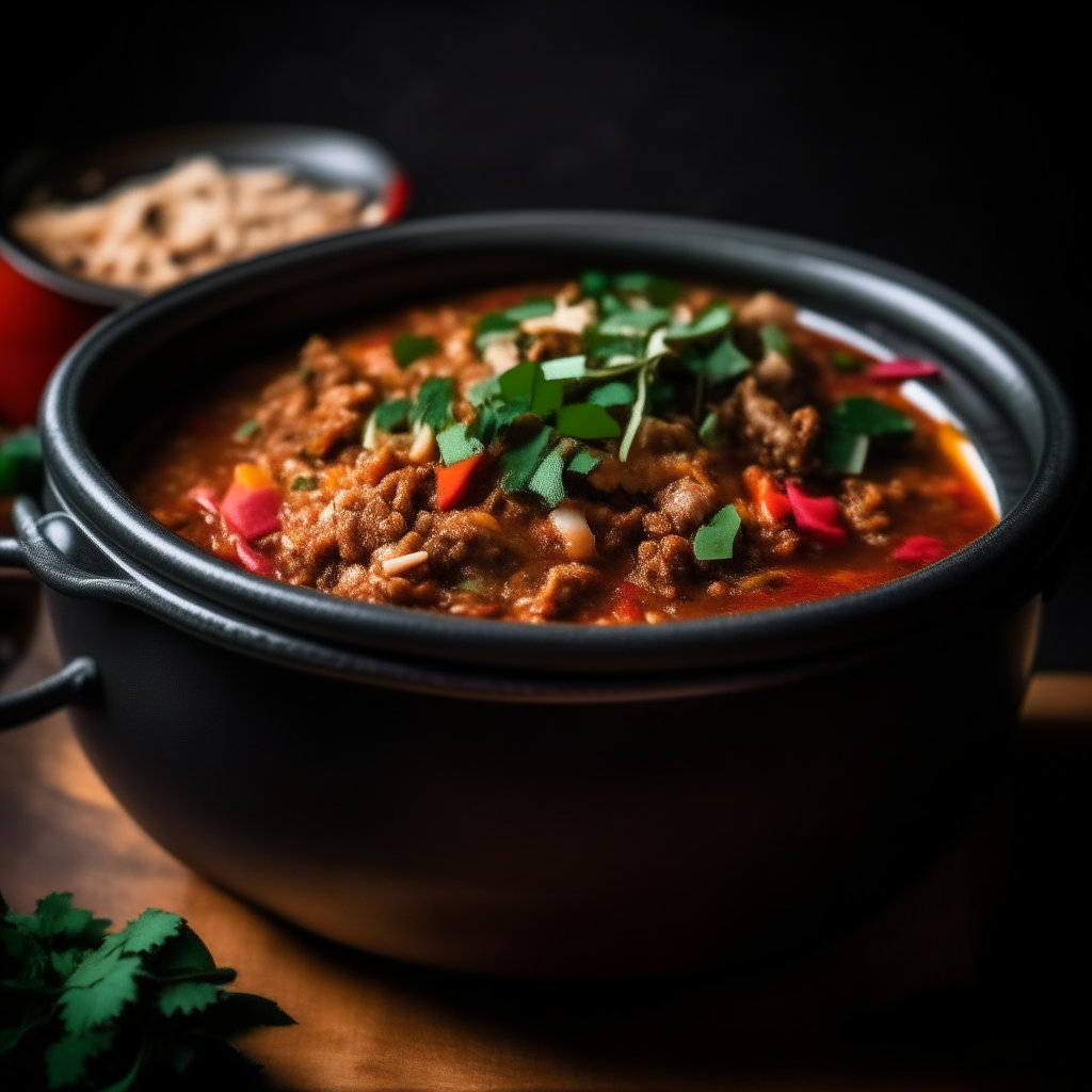 Photo of turkey and kale chili in a crock pot, extremely sharp focus, bright studio lighting from the right, filling the frame